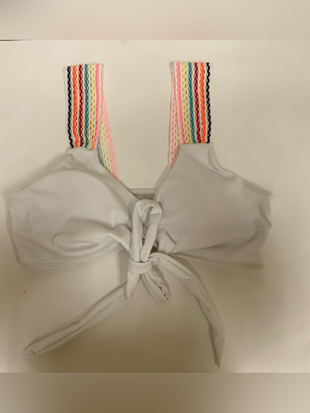 SHEIN White Ribbed Front-Tie Swim Bodysuit with Multicolor Straps